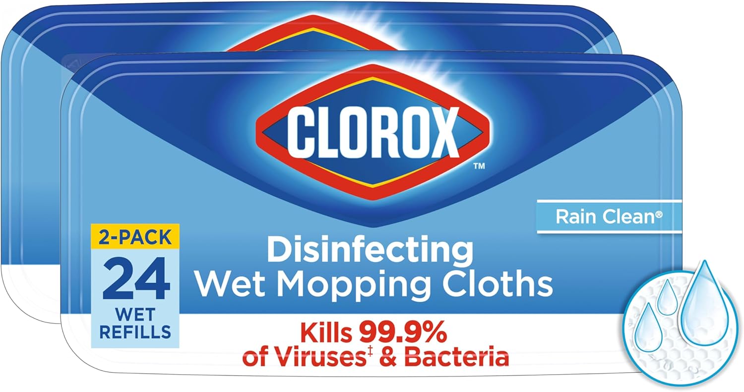 Clorox Disinfecting Wet Mop Pad, Disposable Mop Heads, Multi Surface Floor Wipes, Rain Clean, 2 Packs, 24 Wet Refills Per Pack (Package May Vary)